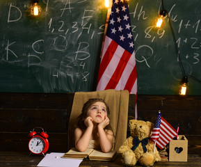 Tutor he must also have the parents trust. US flag and a blackboard. Little help can get student back on track. Education university and school system in The United States of America - obrazy, fototapety, plakaty