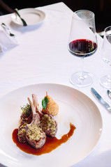 Grilled lamb chops with crust, gravy and deep fried potato