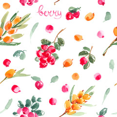 Pattern Berries painted with watercolors on white background