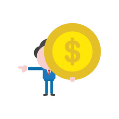 Vector businessman character holding dollar money coin and pointing