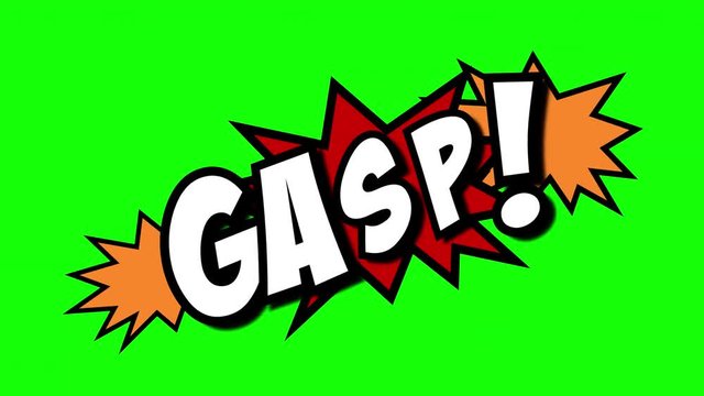 A comic strip speech cartoon animation with an explosion shape. Words: wham, gasp, pant. White text, red and yellow spikes, green background.
