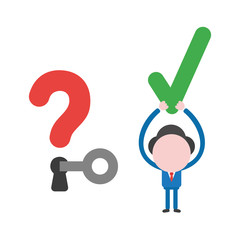 Vector businessman character unlock question mark and holding up check mark