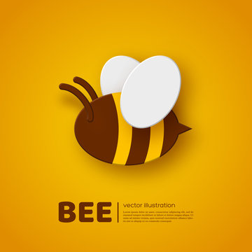 Paper cut style bee. Element for beekeeping and honey product design. Yellow background, vector illustration.
