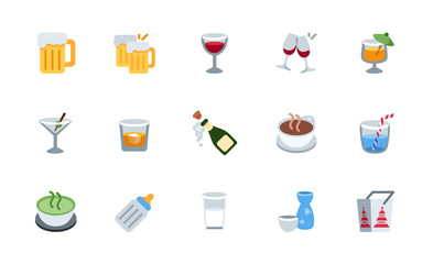 All drinks, beverages icons, symbols set. Beer, wine, cocktail, milk, tea, champagne vector illustration flat style emojis, emoticons