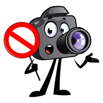Cartoon camera mascot with a prohibited signal in his hand.