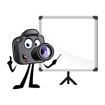 Cartoon camera mascot with a white board.
