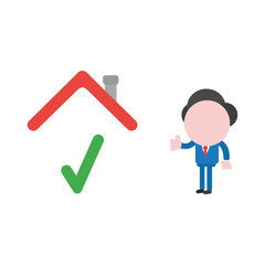 Vector businessman character giving thumbs up to check mark under house roof
