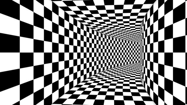 An innovative 3d rendering of an optical illusion formed by black and white squares making a huge cubic tunnel from chessboards creating the magic and supernatural spirit.