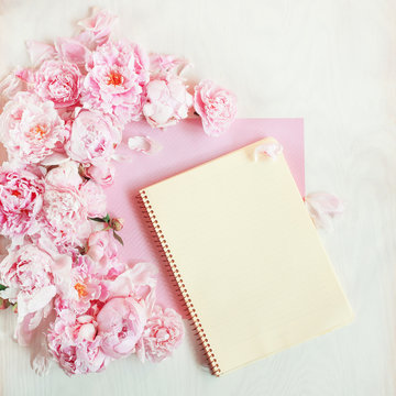 Flat lay concept with beautiful peonies, can be used as background 