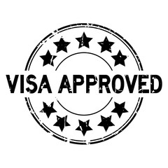 Grunge black visa approved with star icon round rubber seal stamp on white background
