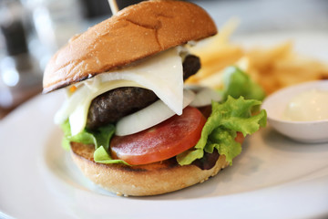 Beef hamburger with fries