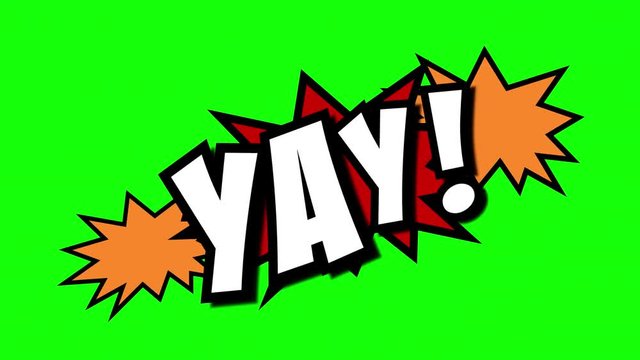 A comic strip speech cartoon animation with an explosion shape. Words: wow, yay, win. White text, red and yellow spikes, green background.
