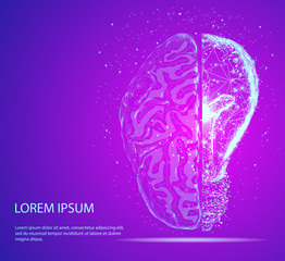 Abstract image of a half of light bulb and brain. Low poly vector