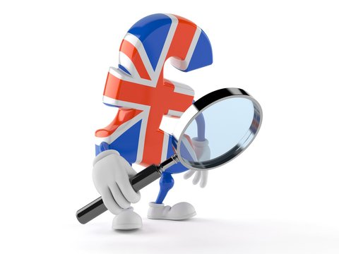 Pound currency character looking through magnifying glass