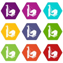 Drilling machine icons 9 set coloful isolated on white for web