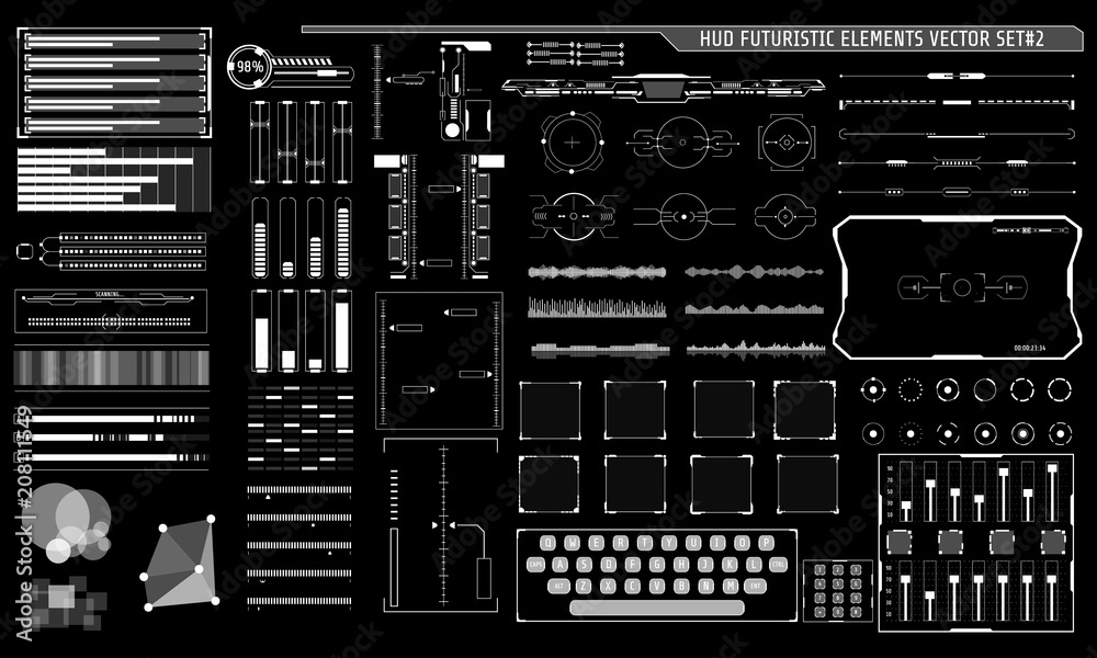 Poster HUD Hologram Futuristic Elements Set Vector. White Abstract Virtual Graphic For User Interface Control Panel Illustration.