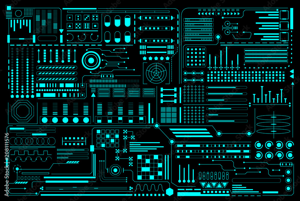 Poster HUD Futuristic Elements Pattern Background Design Vector. Green Abstract UI Monitor Control Template Illustration