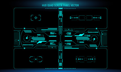 HUD Futuristic Quad User Screen Concept Interface Monitor Vector. Abstract Hologram Space Scifi Panel Illustration.
