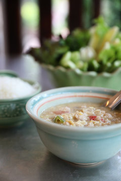 Herbed Soya Beans with Minced Pork in Coconut Milk with Fresh Vegetables , Traditional thai food