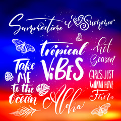 Handwritten lettering, summer holidays and vacation quotes set on abstract blurry sunrise, sundown sky texture backdrop