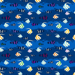 Seamless pattern with tropical fish. Anemone fish and  pennant fish background