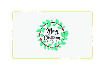 Merry Christmas card with blue leaves wreath, red rubies and a golden outline