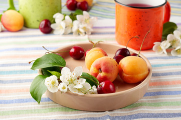 Summer still life with berry tea, ripe apricots, juicy cherries and apple blossoms