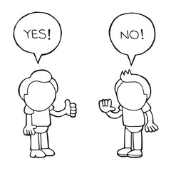 Vector hand-drawn cartoon of two men arguing yes no in speech bubbles