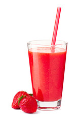 Glass with strawberry smoothie and drink straw on white