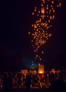 MAGELANG, May 29th 2018: Thousands of lanterns released into night sky by Buddhists in Borobudur Temple Indonesia, as part of Vesak Day celebration. Each symbolizes individual hopes and prayer.