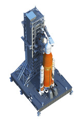 Space Launch System With Launchpad Over White Background