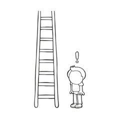 Vector hand-drawn cartoon of man looking wooden ladder with exclamation mark