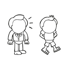 Vector hand-drawn cartoon of businessman looking and envy happy-go-lucky man walking in casual attire