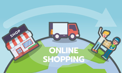 Naklejka premium Online shopping, e-commerce concept. Delivery services with shop, truck, and customer icons on globe with a map of the world