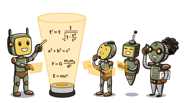 Illustration of the concept of machine learning, depicting one android teaching a group of robots about mathematic equations. 