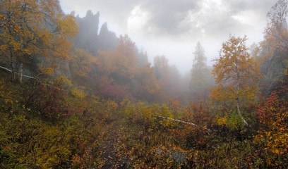 Autumn valley in mist. Taganay National Park. Ural, Russia