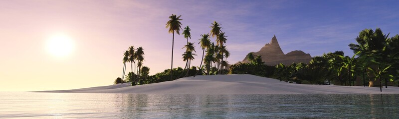 beautiful sunset over tropical beach with palm trees, panorama of tropical sunrise,
3D rendering
