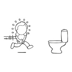 Vector hand-drawn cartoon of man running to pee on toilet bowl