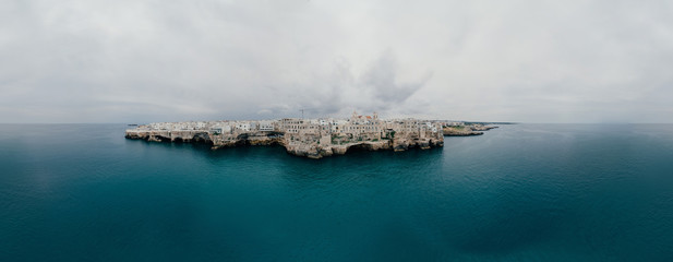 Polignano a Mare Apulia City Sea Coastline and white houses in Italy Drone 360 vr