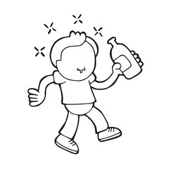 Vector hand-drawn cartoon of drunk man walking holding bottle of beer