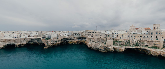 Polignano a Mare Apulia City Sea Coastline and white houses in Italy Drone 360 vr