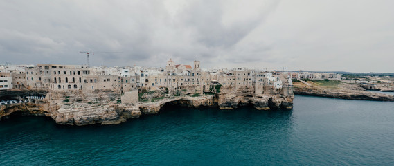 Polignano a Mare Apulia City Sea Coastline and white houses in Italy Drone 360 vr