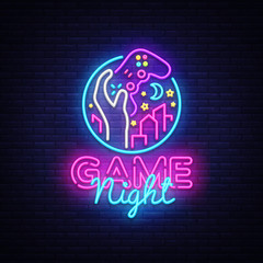 Game Night neon sign Vector logo design template. Game night logo in neon style, gamepad in hand, video game concept, modern trend design, light banner, bright nightlife advertisement. Vector © Ivan