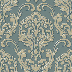 Vector volumetric damask seamless pattern element. Elegant luxury embossed texture for wallpapers, backgrounds and page fill. 3D elements with shadows and highlights.