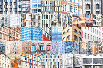 Collage of ancient and modern Berlin furs. Background with architectural details.