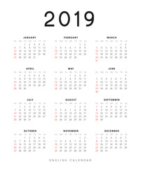 Simple english calendar for 2019 years, Week starts from Sunday.