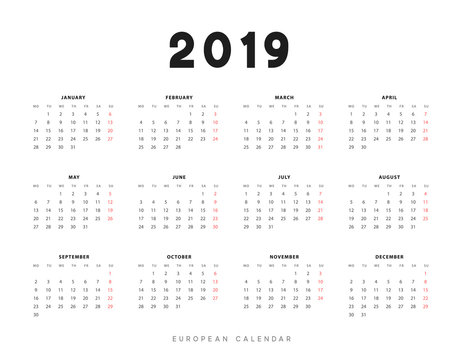 Simple European calendar for 2019 years, week starts on Monday.
