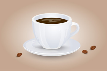 Classic black coffee in a white cup and saucer. Favorite morning drink. Vector illustration.
