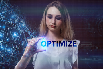 The concept of business, technology, the Internet and the network. A young entrepreneur working on a virtual screen of the future and sees the inscription: Optimize