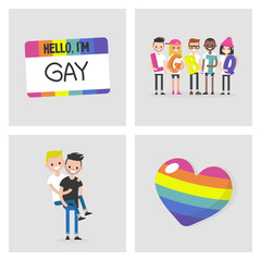 Collection of LGBTQ images. Rainbow symbol. Homosexual community. Relationships. Flat editable vector illustration, clip art